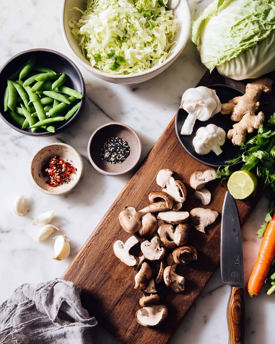 The image shows a white marbled surface with various fresh ingredients arranged on it. At the bottom center is a dark wooden cutting board holding sliced brown mushrooms, with a sharp knife featuring a wooden handle resting on the right side of the board. In the top left corner, a large white bowl is filled with roughly chopped light green cabbage. Below it, there is a black bowl containing short green snap peas, with a few peas scattered outside the bowl. A folded gray cloth is seen near the bottom left edge. Near the top right corner, two small white bowls hold black sesame seeds and red chili flakes. To the right of these bowls, a small black plate displays a halved lime, garlic cloves, fresh ginger, and some green leafy herbs. A whole carrot with a bright orange color is also visible on the top right side. photo taken with an iphone --ar 4:5 --v 7
