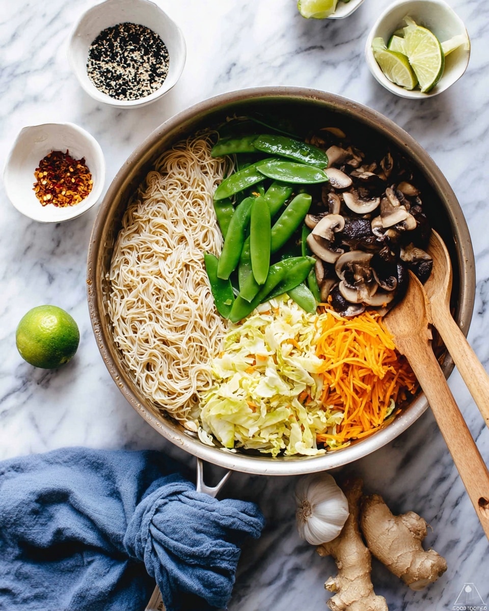 A metal pan holds three sections of food: on the left, a pile of thin, light beige noodles; at the top right, bright green snow peas; and at the bottom right, a mix of light yellow cabbage, shredded orange carrots, and brown mushrooms. Two wooden spoons rest on the right side of the pan. The pan sits on a white marbled surface with a blue cloth tied nearby. Around the pan are small white bowls with black sesame seeds, chili flakes, and fresh ingredients including lime, garlic, and ginger. Photo taken with an iphone --ar 4:5 --v 7