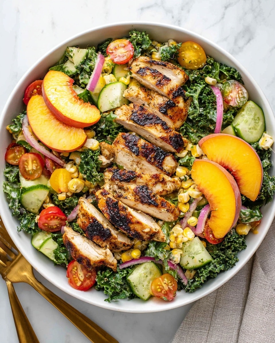 A white bowl filled with a colorful salad sits on a white marbled surface. The salad has a base of dark green curly kale mixed with chunks of light green cucumber and slices of red onion rings. Scattered yellow corn kernels and small halved red and yellow cherry tomatoes add bright spots of color. On top, there are several pieces of grilled chicken with visible char lines, light brown with some dark grill marks, sliced and placed in the center in two neat rows. Three thick slices of yellow peach rest on the side of the bowl. Two gold forks are placed on the right edge of the bowl. photo taken with an iphone --ar 4:5 --v 7