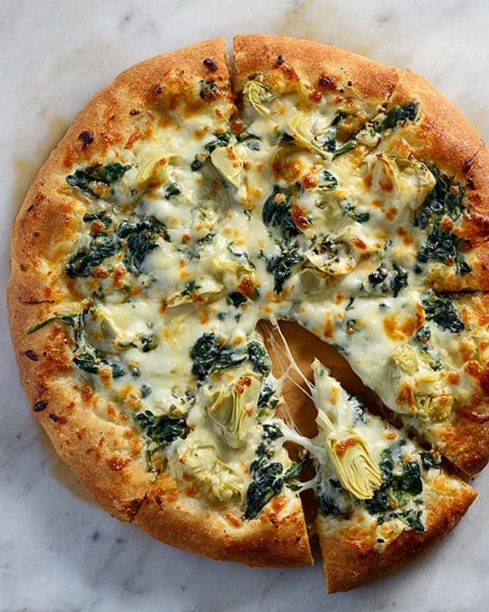 A round pizza with a golden brown crust sits on a white marbled surface. The pizza is cut into six slices, with one slice slightly pulled away showing melted cheese stretching. The top layer has browned melted cheese that is bubbly and soft. Below the cheese, there are pieces of green leafy spinach spread evenly. Scattered throughout the pizza are light yellow artichoke hearts with a soft texture. The crust is thick and has a smooth, baked finish with some darker brown spots. Photo taken with an iphone --ar 4:5 --v 7