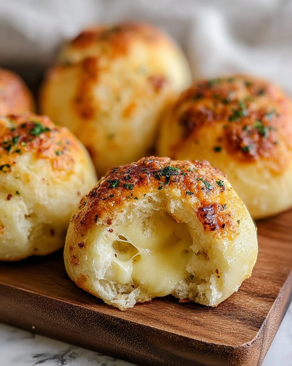 The image shows several small round bread rolls with one in the front broken open to reveal melted cheese inside. The rolls have a golden-brown top with a slightly crispy texture and are sprinkled with small green herb pieces. The inside looks soft and light, with the cheese creamy and slightly flowing out. The rolls are placed on a wooden board, which contrasts with the soft and warm look of the bread. The background is softly blurred with a white marbled texture visible on the side. photo taken with an iphone --ar 4:5 --v 7