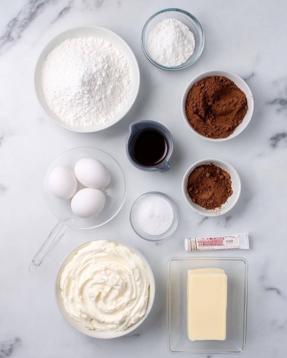 The image shows nine baking ingredients placed neatly on a white marbled surface. Starting from the top left, there is a white bowl filled with powdered sugar, and next to it on the top right is a clear bowl with white flour. Below the powdered sugar, slightly to the right, is a small dark gray cup containing vanilla extract. To the right of that, a small white bowl filled with brown cocoa powder. Below these, a metal measuring cup filled with white granulated sugar is placed near the center. On the left side at the middle, there is a small clear bowl holding two white eggs. Slightly below and to the left is a white container of cream cheese with a smooth, whipped texture on top. At the bottom right, a clear glass butter dish contains a stick of pale yellow butter. Near the center bottom is a tiny clear bowl holding a small amount of salt. A small white tube with a red and white label lies horizontally near the eggs. photo taken with an iphone --ar 4:5 --v 7