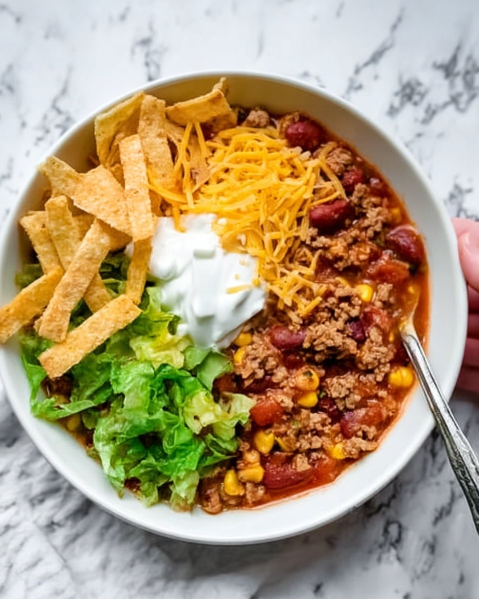 The image shows a white bowl filled with a layered chili dish on a white marbled surface. The bottom layer is thick red chili with ground meat, beans, and corn mixed in. Over the chili, there is a layer of shredded yellow cheese on the right side and a dollop of white sour cream in the center. Around the sour cream, green leafy lettuce pieces add a fresh touch. Crispy strips of light brown tortilla chips are placed on the left side of the bowl. A spoon with a silver handle is placed inside the bowl near the cheese. A woman's hand lightly touches the rim of the bowl from the top right edge. photo taken with an iphone --ar 4:5 --v 7