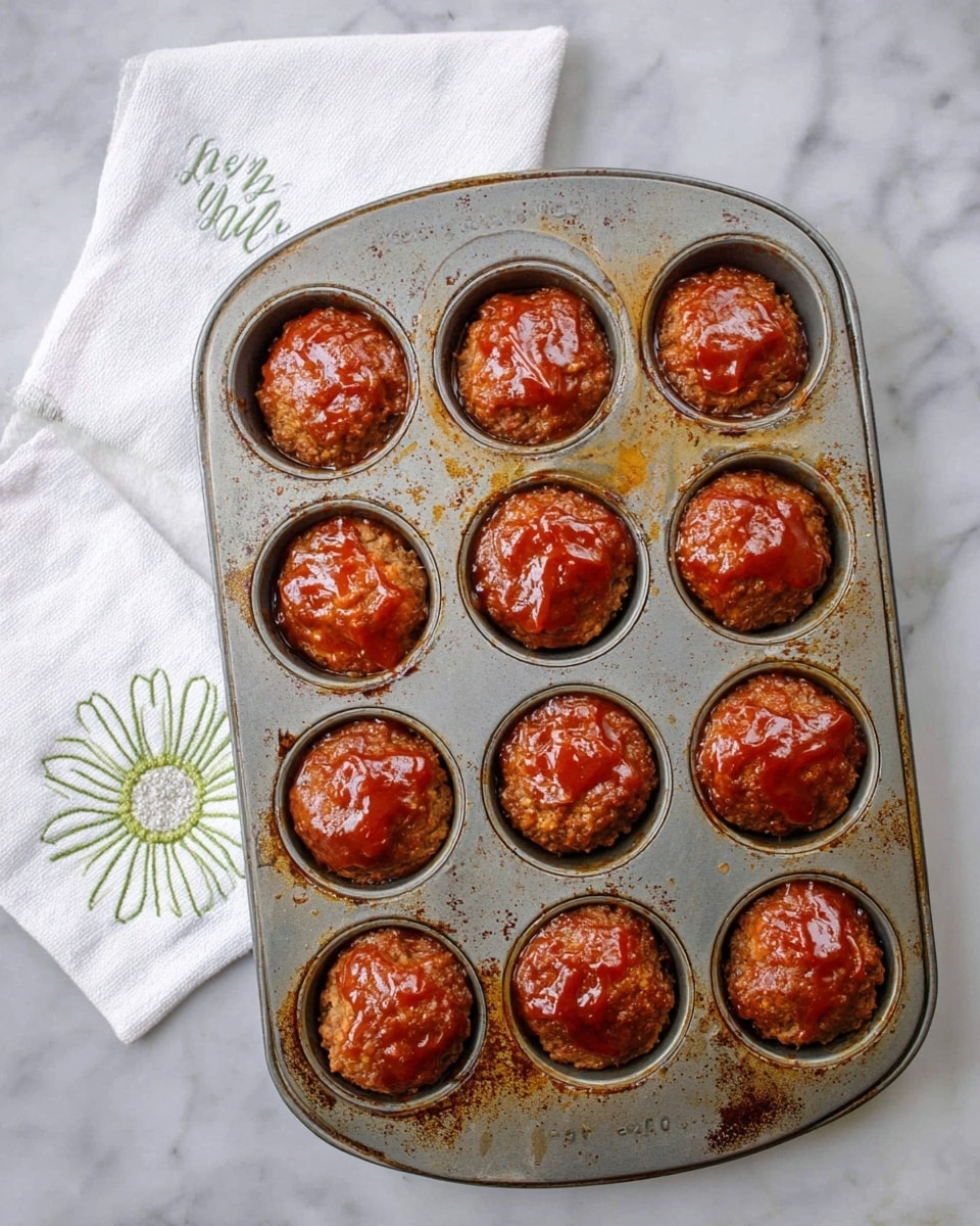 A metal muffin tin holds twelve round meatloaf muffins topped with a shiny reddish-brown sauce. Each muffin is slightly uneven on top and fits snugly inside the cups. The tin shows some baked-on spots and slight grease stains, giving a well-used look. To the left, a white cloth towel with a stitched flower and the words