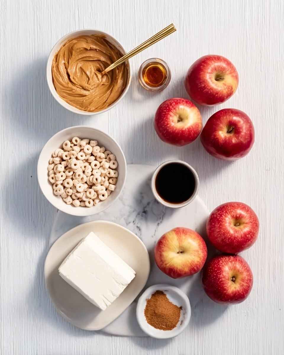 The image shows six food items on a white marbled texture background, arranged in neat vertical lines. From top to bottom on the left side, there is a white bowl filled with creamy peanut butter with a gold spoon inside, a white bowl holding small round cereal pieces, and a white bowl filled with light brown sugar. On the right side, there is a white plate with a large rectangular block of white cream cheese, a small white dish with a heap of ground cinnamon, a tiny white cup of black liquid (likely vanilla extract), and five fresh red apples placed in a loose cluster. The lighting is bright and natural, highlighting the textures and colors clearly, photo taken with an iphone --ar 4:5 --v 7