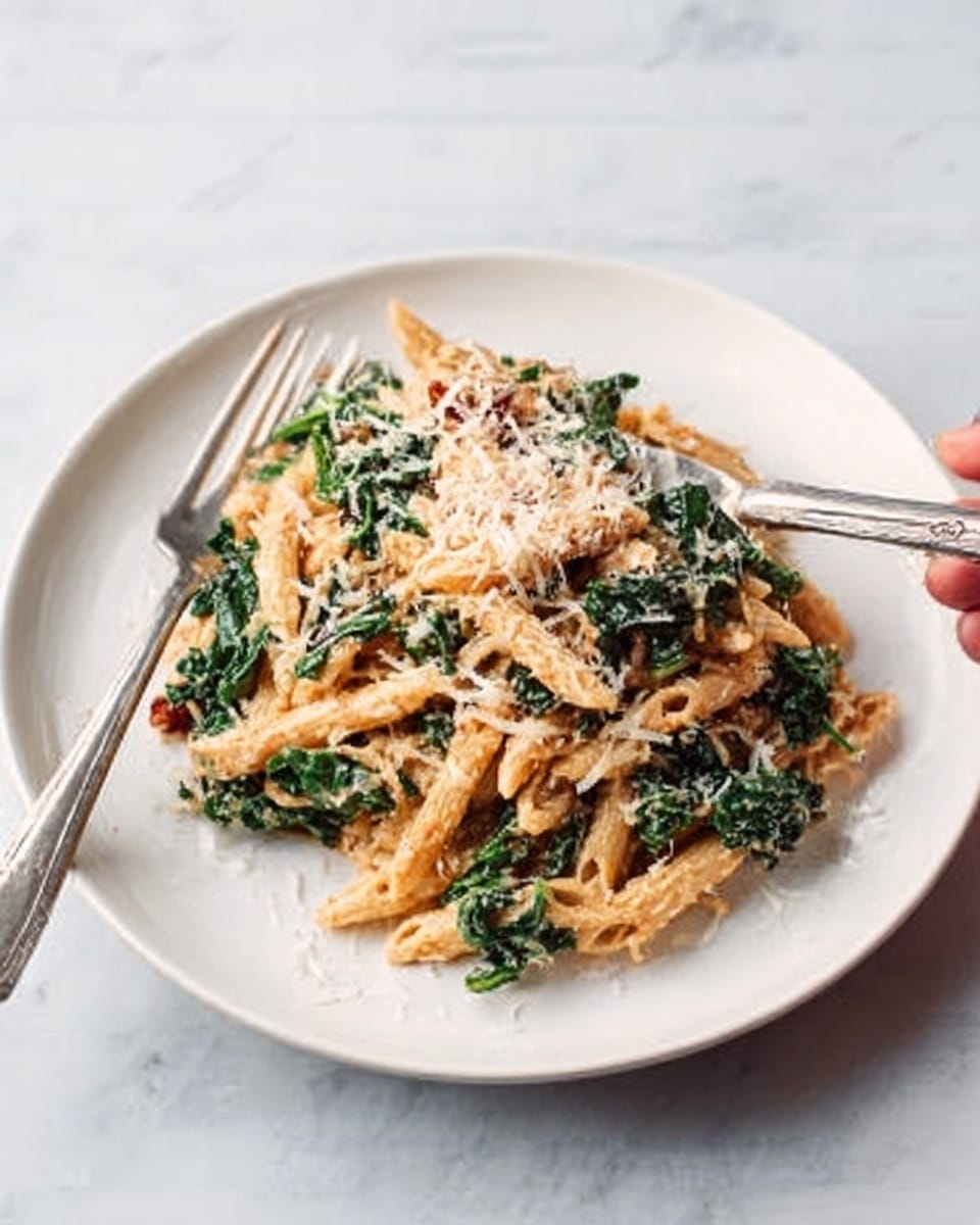 The dish shows a white plate filled with three layers of food. The bottom layer is pasta with a light golden color and smooth texture. The middle layer has cooked green kale leaves mixed through the pasta. On top, there is light brown grated cheese sprinkled across, adding a rough texture. A silver fork and knife sit next to the plate on a white marbled surface, and a woman's hand is reaching slightly over the plate. Photo taken with an iphone --ar 4:5 --v 7