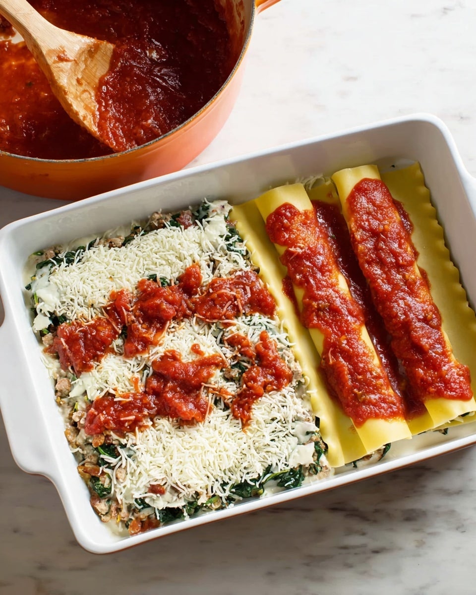 The image shows a white rectangular baking dish on a white marbled surface. Inside the dish, there is a layered dish being assembled. On the left side, there is a layer of white shredded cheese mixed with cooked green spinach and small brown bits, topped with scattered dollops of red tomato sauce. On the right side, there are two rolled yellow lasagna sheets filled with red tomato sauce and some green and brown filling inside, placed side by side. In the background, there is an orange pot with more red tomato sauce. Photo taken with an iphone --ar 4:5 --v 7
