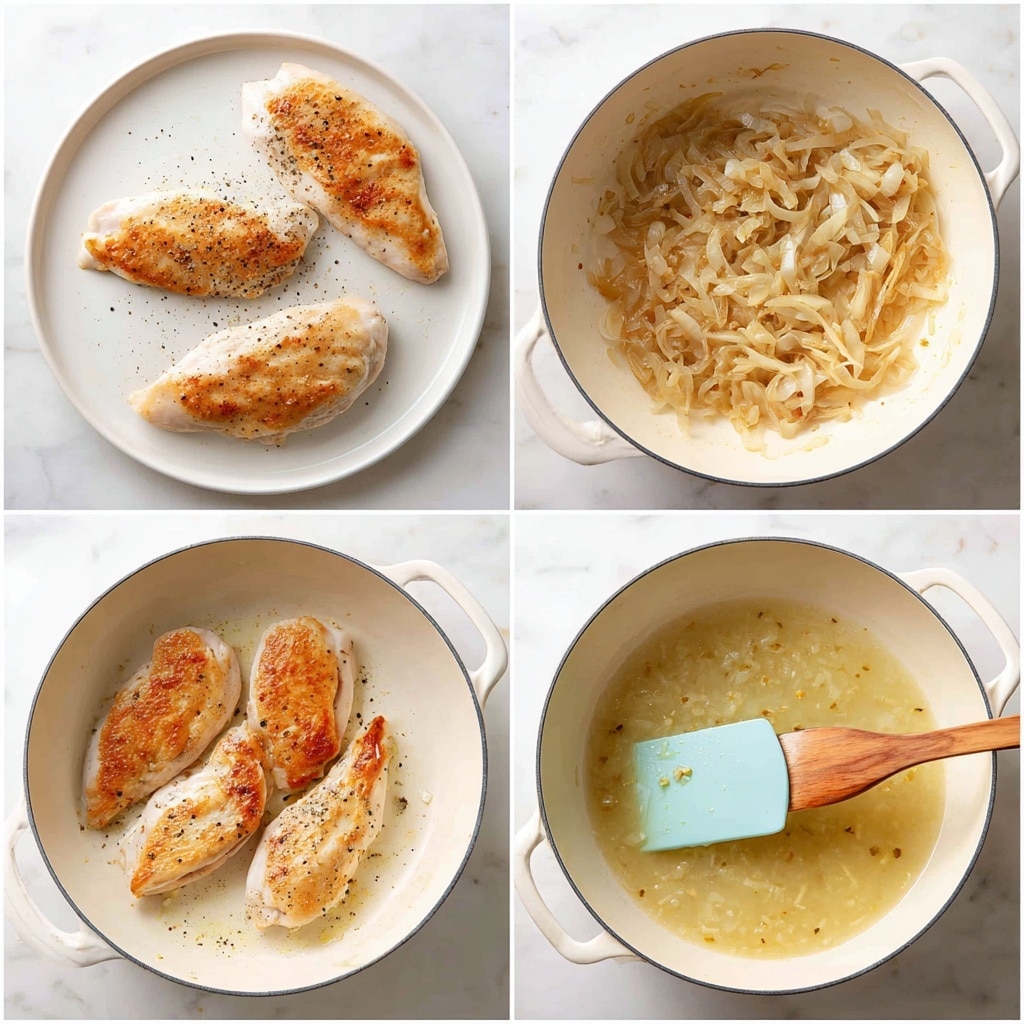 The image shows four steps of cooking chicken on a white marbled surface. In the first picture, three raw chicken pieces are placed on a white plate, sprinkled with black pepper. The second picture shows the chicken pieces browned on all sides, cooking inside a white pot with light oil. The third picture shows thin, golden-brown caramelized onions inside the same white pot with a wooden spatula that has a light blue silicone head resting on them. In the fourth picture, a light golden sauce with small bits floats inside the white pot, with the same wooden spatula stirring the sauce. Photo taken with an iphone --ar 4:5 --v 7