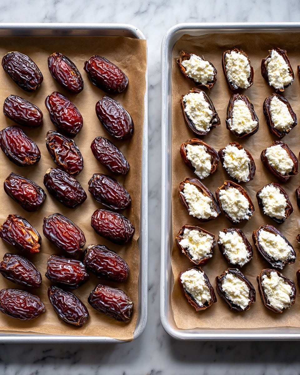The image shows two white baking trays lined with brown parchment paper on a white marbled surface. The tray on the left holds 24 dried dates, each split open and arranged in neat rows with their shiny dark reddish-brown wrinkled skins clearly visible. The tray on the right has the same 24 dates, also split open, but now each date is filled with a thick layer of white creamy cheese stuffed inside, creating a layer of soft, fluffy texture contrasting with the dark, smooth skins of the dates below. The two trays are side by side in the image. Photo taken with an iphone --ar 4:5 --v 7
