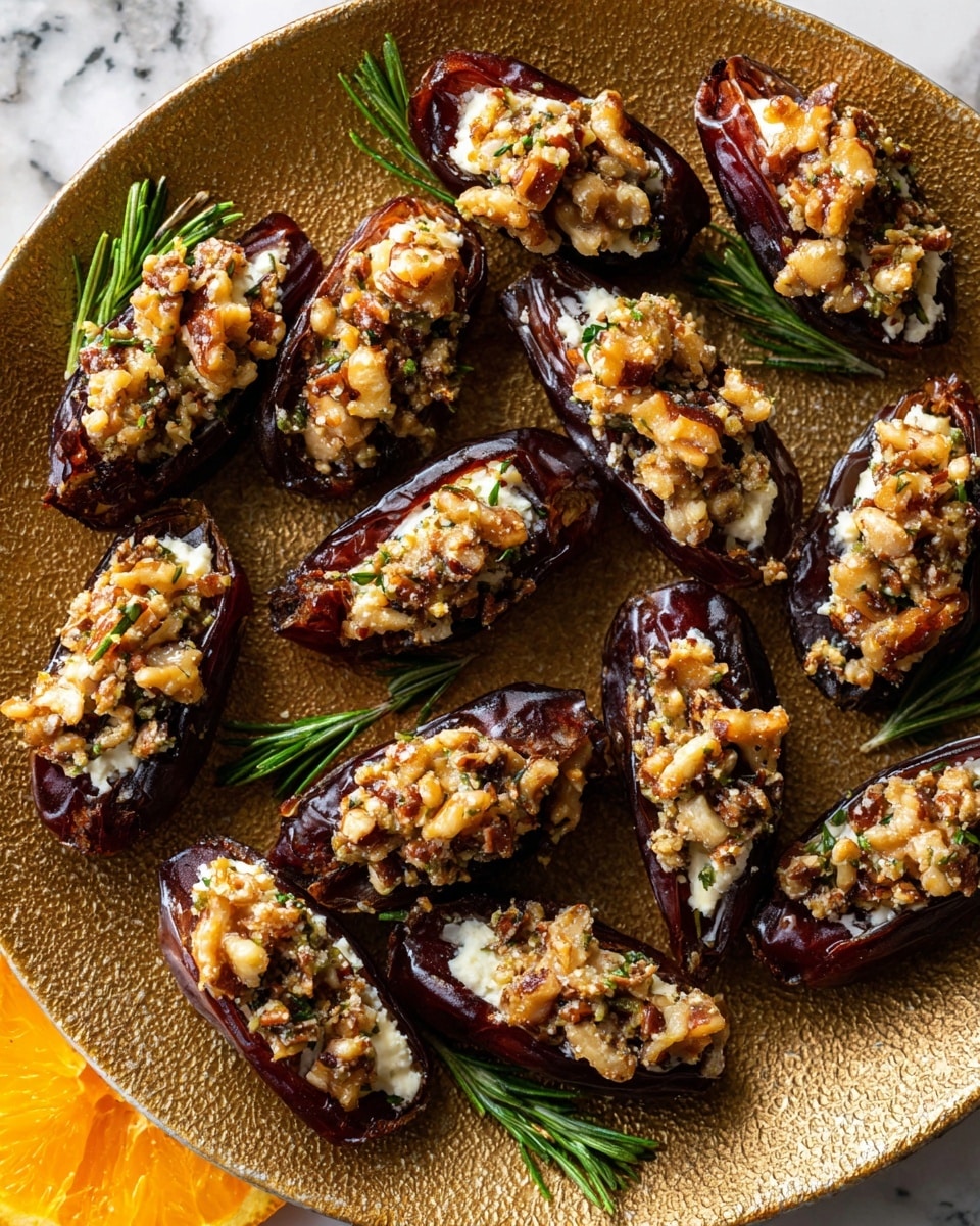 On a textured golden plate, there are about sixteen dark reddish-brown stuffed dates arranged in a loose circle. Each date is filled with a layer of white creamy cheese and topped with a chunky mixture of chopped light brown nuts mixed with herbs, giving a rough, uneven texture. Small bright green rosemary sprigs are placed between some dates for garnish. In the corner, part of an orange slice is visible with its bright orange peel contrasting against the plate. The background is a white marbled texture. Photo taken with an iphone --ar 4:5 --v 7