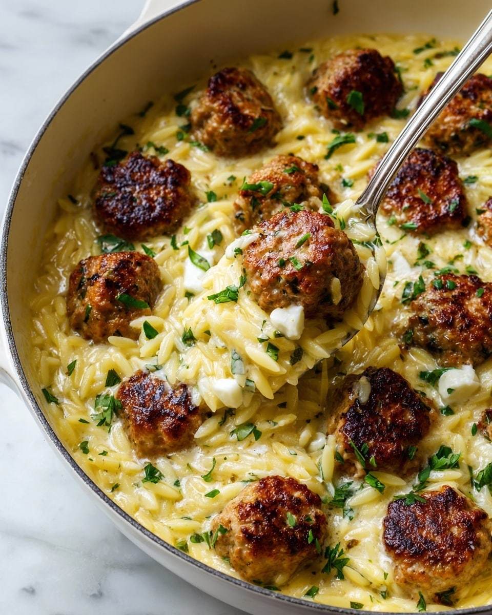 A close-up view of a white deep pan filled with a layer of cooked orzo pasta in a creamy sauce, light yellow in color with a smooth texture. Scattered evenly on top are browned round meatballs with a golden crust and small green herb flecks, plus a few dollops of white cheese. Fresh green herb sprigs are sprinkled over the dish, adding a pop of color. A metal spoon is lifting one meatball with orzo, showing the textures clearly. The background is a white marbled surface. Photo taken with an iphone --ar 4:5 --v 7