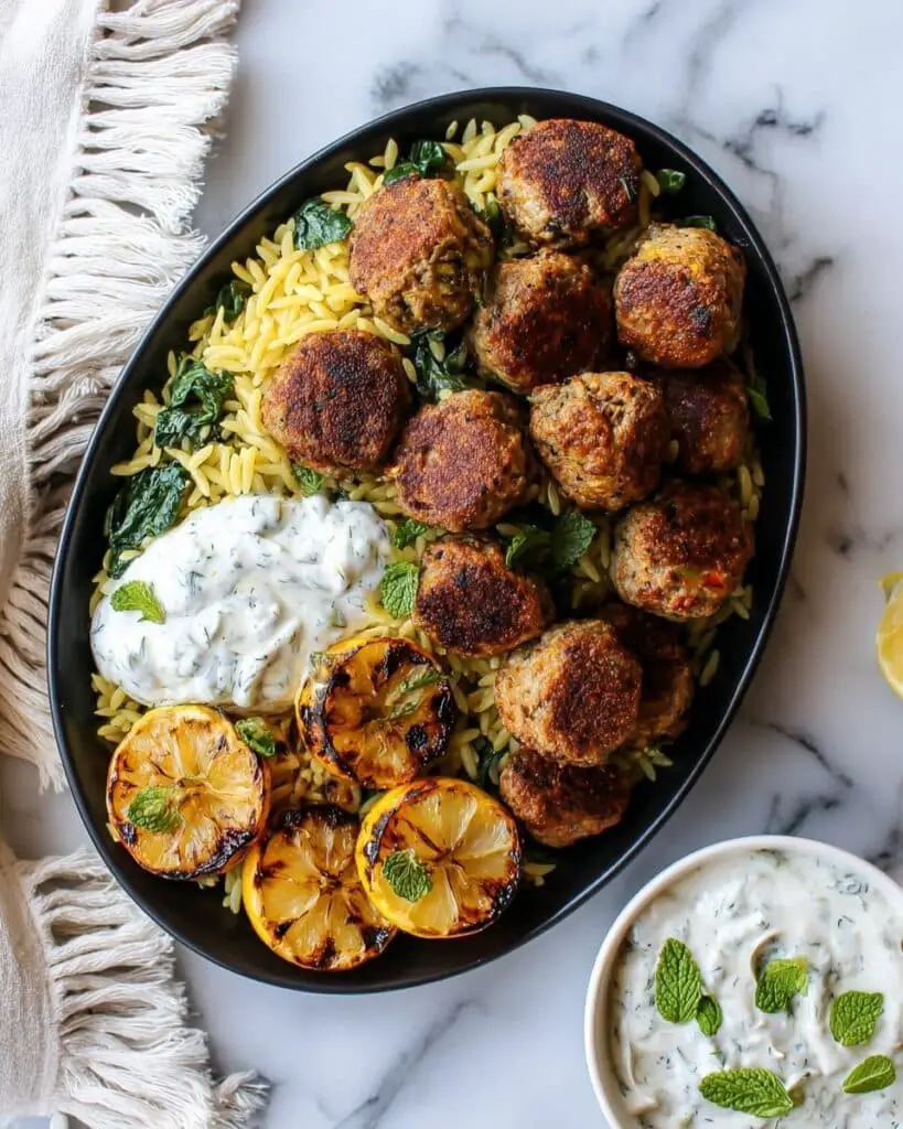 Greek Chicken Meatballs with Tzatziki Sauce and Lemon Butter Orzo Recipe