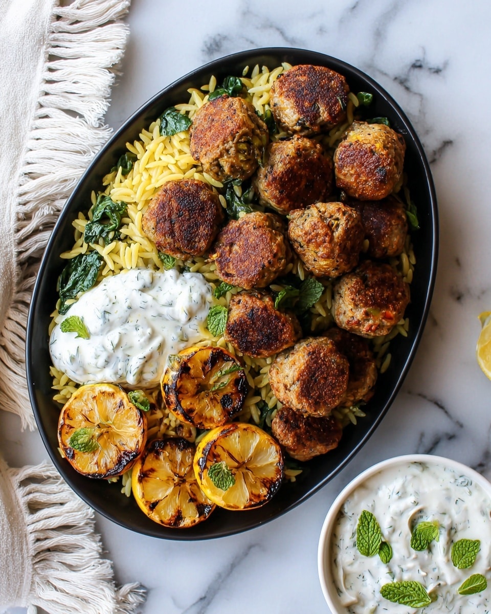 Greek Chicken Meatballs with Tzatziki Sauce and Lemon Butter Orzo Recipe