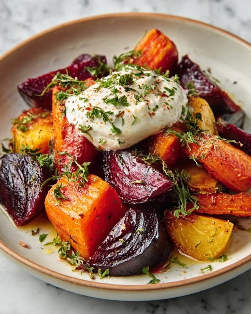 The image shows a white bowl filled with roasted vegetables, including thick slices of orange carrots and large chunks of deep purple beets, all cooked to a slightly caramelized texture. On top of the vegetables sits a dollop of creamy, white sauce sprinkled with finely chopped green herbs. The vegetables have a mix of shiny and matte textures, with some herbs and seasoning scattered around for added color. The bowl is placed on a white marbled surface. photo taken with an iphone --ar 4:5 --v 7