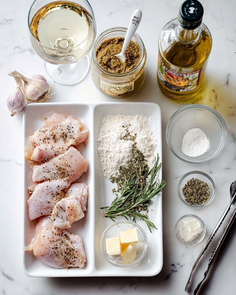 The image shows a white divided tray with two sections; the left side has several seasoned raw chicken pieces with black pepper sprinkled on them, while the right side contains a pile of white flour mixed with green dried herbs. Above the tray, there is a glass cup filled with white wine to the left and an open jar of whole grain mustard with a small white spatula inside it. Next to the mustard, there is a glass bottle filled with oil and a clear measuring cup with white milk. At the bottom right, there is a small glass bowl with a cube of butter, another small glass bowl with minced garlic, and a white garlic bulb. Two sprigs of fresh rosemary and a small glass bowl with dried herbs are placed near the center. Metal tongs rest at the bottom edge of the right tray. All items are arranged neatly on a white marbled surface. photo taken with an iphone --ar 4:5 --v 7