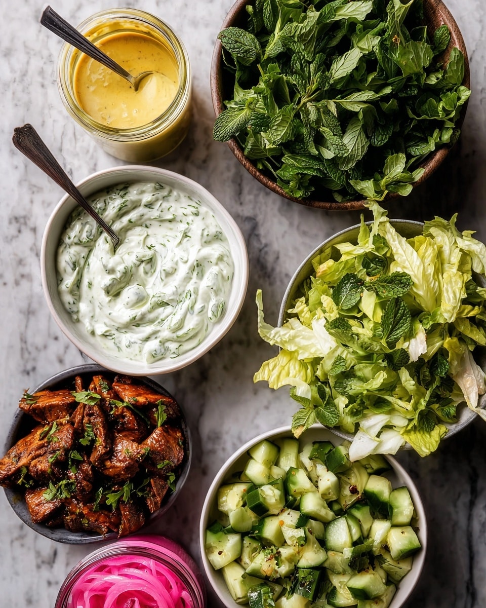 The image shows several white bowls and a jar arranged on a white marbled surface, each filled with different colorful foods. In the top center, a white bowl holds thick creamy yogurt mixed with green herbs, its surface lightly swirled. To its left, a small glass jar contains a smooth yellow sauce with a silver spoon inside. Above this jar is a bowl filled with fresh green leafy herbs, creating a lush texture. Below, a white bowl contains browned, juicy pieces of cooked meat, rich in color and slightly charred. At the bottom right, a white bowl is filled with diced cucumber and avocado pieces sprinkled with fresh green herbs and topped with a few whole basil leaves. Shredded lettuce is spread across the center, connecting the different bowls visually. There is also a small jar of pickled red onions with layers of thinly sliced rings visible, adding a bright pink contrast. Photo taken with an iphone --ar 4:5 --v 7
