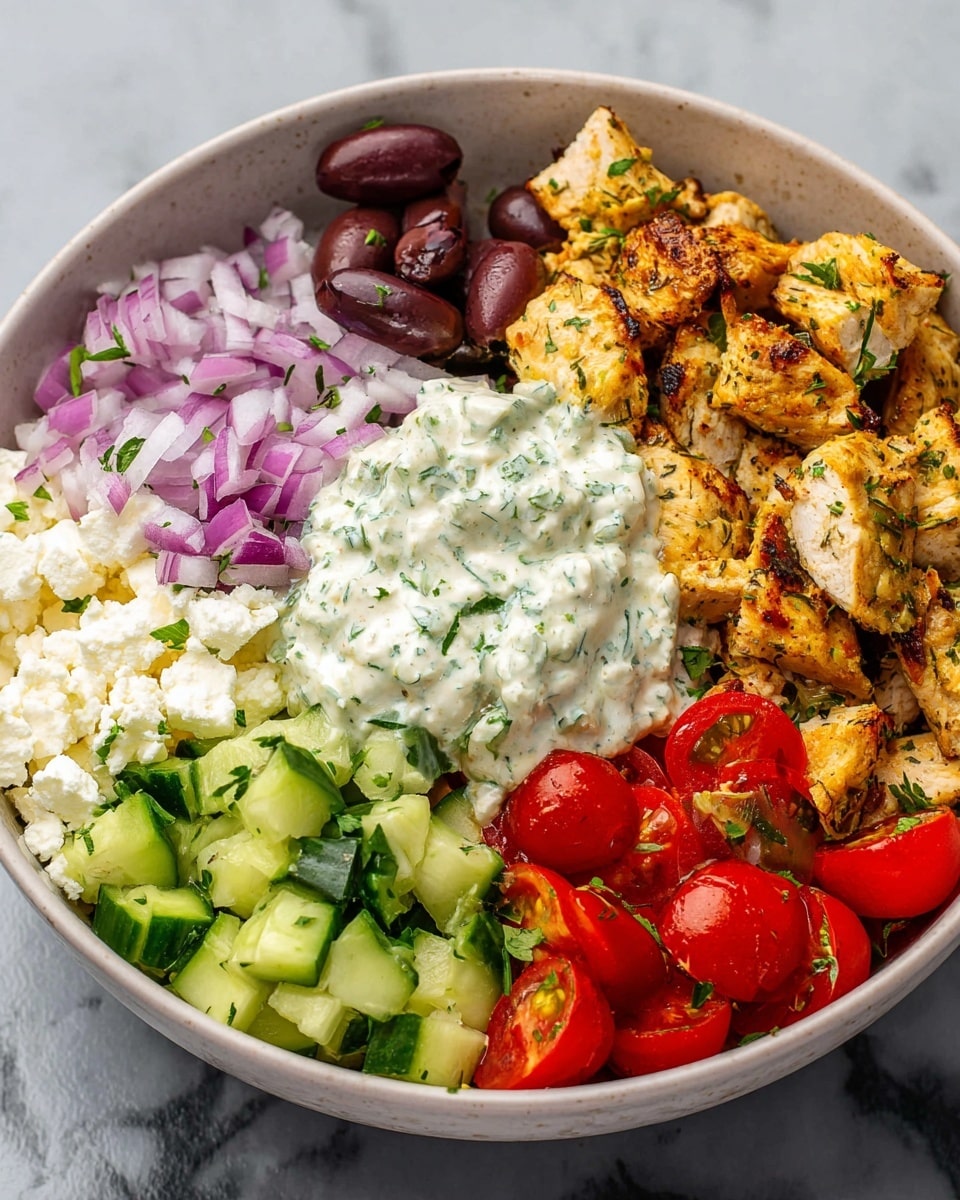 A white bowl holds a colorful layered dish on a white marbled surface. Starting from the left side, there are dark purple sliced olives, bright light purple chopped red onions, and light to medium green chopped cucumbers with some herbs sprinkled on top. Moving clockwise, there is a mound of creamy white sauce with green herb specks in the center. To the right of the sauce, there are golden brown cooked chicken pieces with visible grill marks and some small green herbs. Above the chicken, there are bright red halved cherry tomatoes. To the left of the tomatoes, there is a white crumbly cheese. The dish is composed in separate sections within the bowl, creating a fresh and colorful appearance. photo taken with an iphone --ar 4:5 --v 7