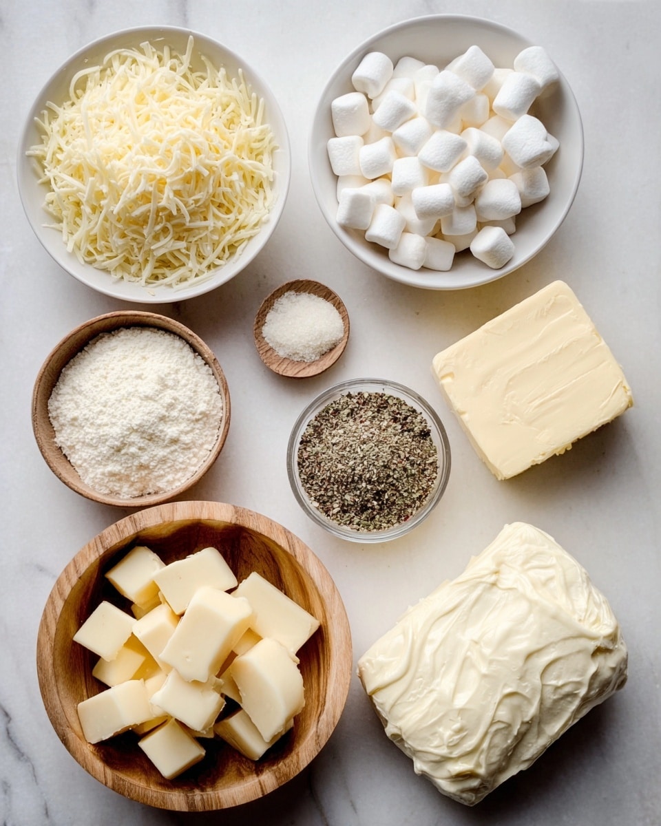 The image shows several small white bowls and a wooden bowl arranged on a white marbled surface. One bowl holds shredded cheese, another has small marshmallows, and a third contains a white powder. There are also cube-shaped pieces of butter, a larger block of butter, and a bowl with a creamy white spread. The wooden bowl is filled with a mix of black and white spices. The colors are simple with mainly whites and pale yellows from the butter and cheese. photo taken with an iphone --ar 4:5 --v 7