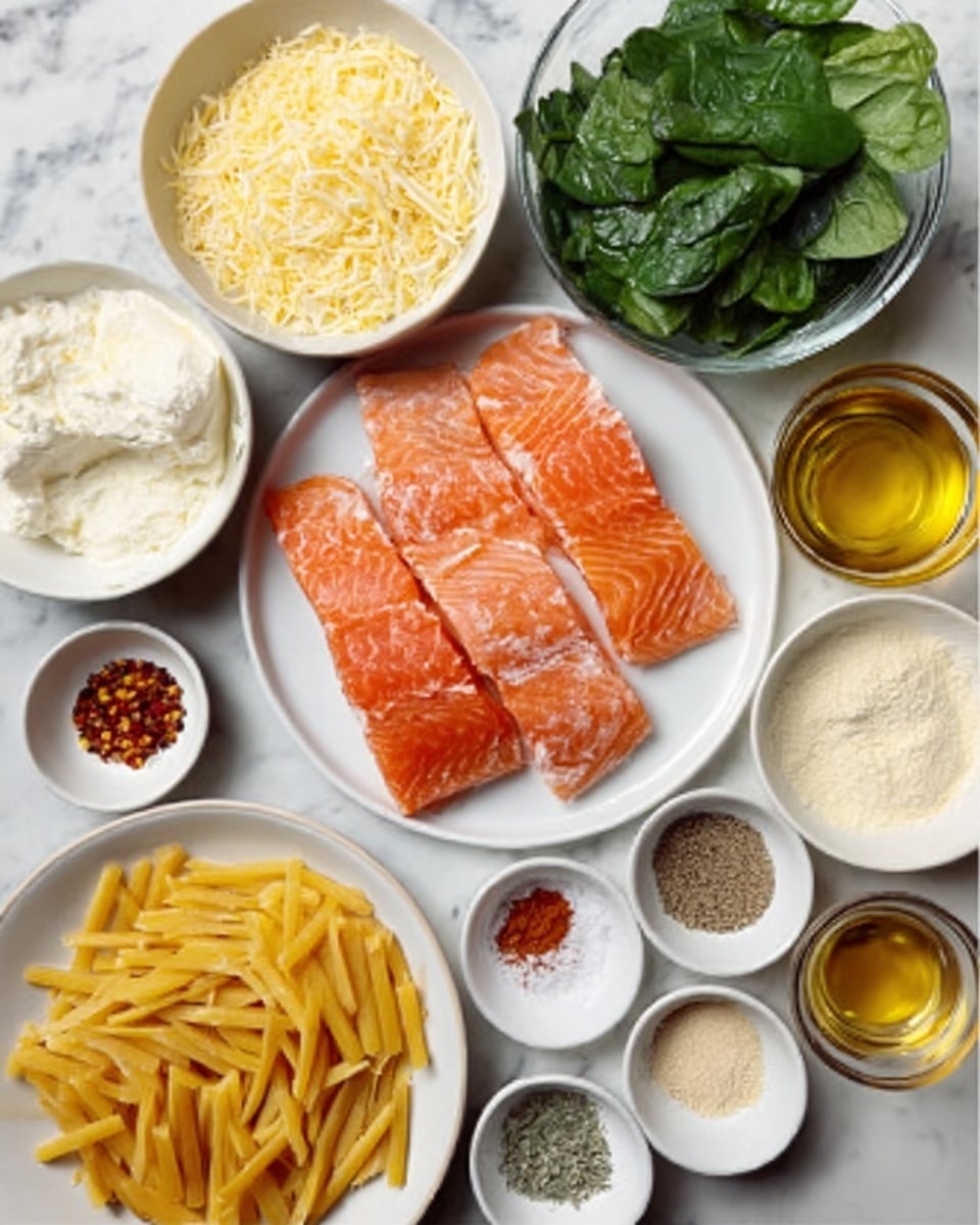 The image shows ingredients arranged on a white marbled surface. There is a white plate with five slices of fresh orange-pink salmon placed in the center. Around it are bowls and plates with dry, powdered, and leafy ingredients: a white bowl of pale yellow shredded cheese, a white bowl of fresh green spinach leaves, a small white bowl with a round clump of cream cheese, a white plate with thin yellow potato sticks, and several small white dishes holding spices such as red pepper flakes, white granules, black pepper, and a light brown powder. There is also a bowl with a pale yellow powder and another with a white powder, along with a small glass dish of golden liquid. All items are neatly arranged and the colors contrast well on the white marbled background. photo taken with an iphone --ar 4:5 --v 7