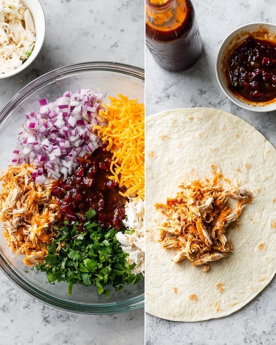 The image is split into two parts. On the left side, there is a clear glass bowl filled with five separate layers of ingredients: finely chopped red onions in the top left, shredded white chicken next to it on the top right, thick dark red sauce in the middle right, shredded orange cheddar cheese on the bottom left, and chopped green cilantro leaves on the bottom right. The bowl sits on a white marbled surface. On the right side, a large, white tortilla wrap lies flat on the same white marbled surface. In the center bottom of the tortilla there is a small pile of shredded chicken mixed with chopped onions and sauce, coming from a small white bowl partially shown at the top left corner. At the top right of the wrap, there is a dark brown sauce bottle. Photo taken with an iphone --ar 4:5 --v 7